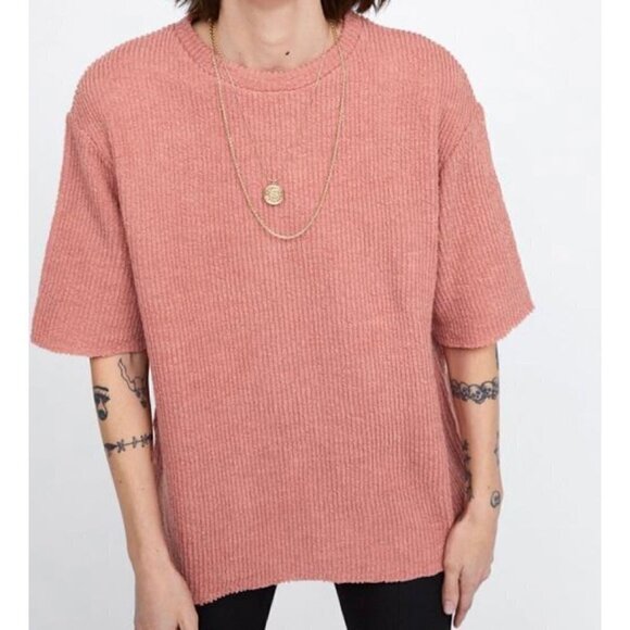 Zara Oversized Ribbed Textured Short Sleeve Raw Hem Shirt Top Blouse Size Small - Picture 1 of 8